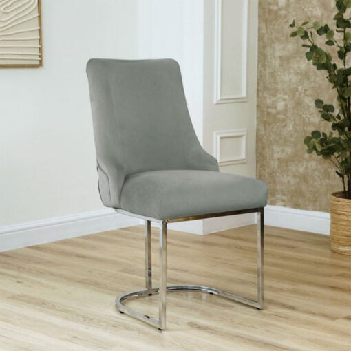 Grey Velvet Tufted Scoop Back Dining Chair With Silver Chrome Legs