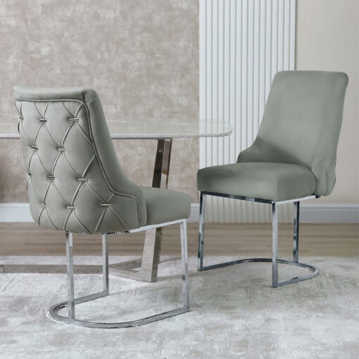 Grey Velvet Tufted Scoop Back Dining Chair With Silver Chrome Legs