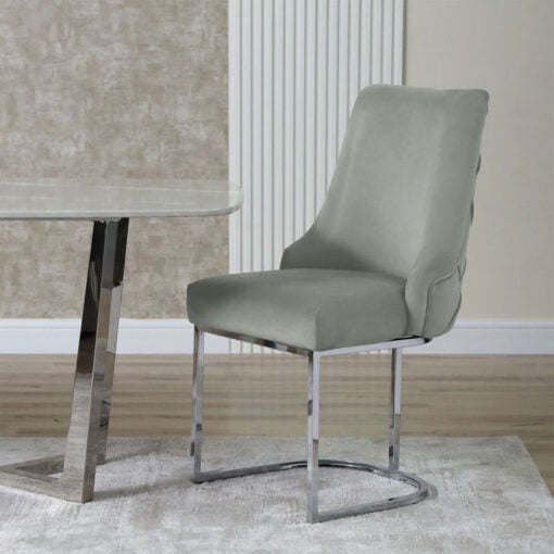 Grey Velvet Tufted Scoop Back Dining Chair With Silver Chrome Legs