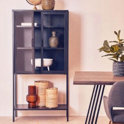 Industrial Black Metal 2 Glass Door 1 Shelf Display Cabinet Shelving Unit 150cm
