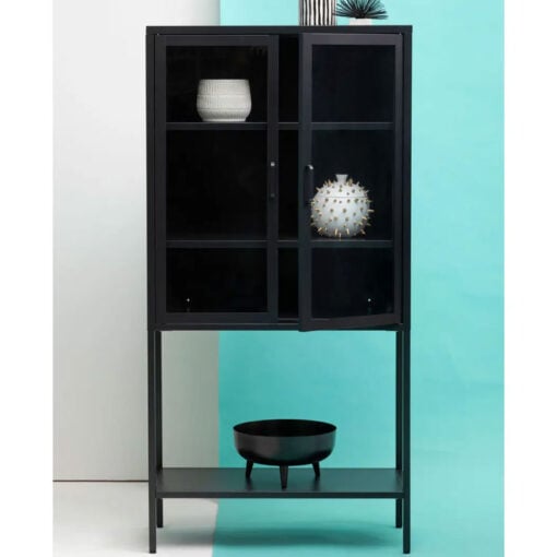 Industrial Black Metal 2 Glass Door 1 Shelf Display Cabinet Shelving Unit 150cm