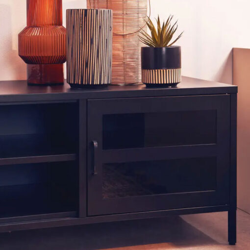 Industrial Black Metal 2 Glass Door 2 Shelf TV Stand Media Unit 150cm