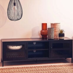 Industrial Black Metal 2 Glass Door 2 Shelf TV Stand Media Unit 150cm