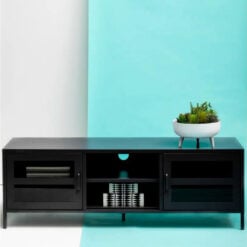 Industrial Black Metal 2 Glass Door 2 Shelf TV Stand Media Unit 150cm
