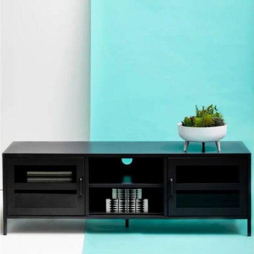 Industrial Black Metal 2 Glass Door 2 Shelf TV Stand Media Unit 150cm