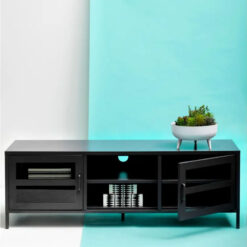 Industrial Black Metal 2 Glass Door 2 Shelf TV Stand Media Unit 150cm