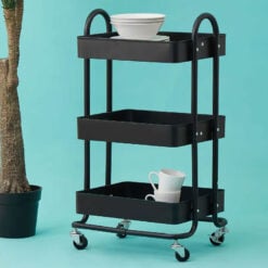 Industrial Black Metal 3 Tier Shelving Unit With Wheels Drinks Kitchen Trolley 79cm