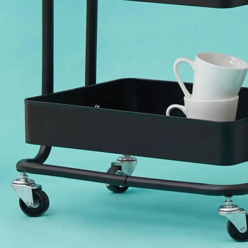 Industrial Black Metal 3 Tier Shelving Unit With Wheels Drinks Kitchen Trolley 79cm