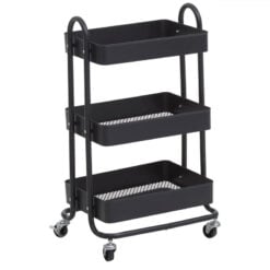 Industrial Black Metal 3 Tier Shelving Unit With Wheels Drinks Kitchen Trolley 79cm
