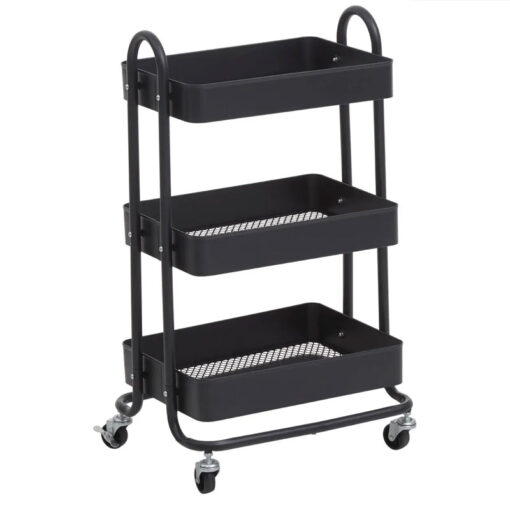 Industrial Black Metal 3 Tier Shelving Unit With Wheels Drinks Kitchen Trolley 79cm