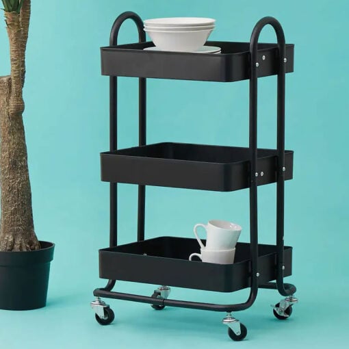 Industrial Black Metal 3 Tier Shelving Unit With Wheels Drinks Kitchen Trolley 79cm