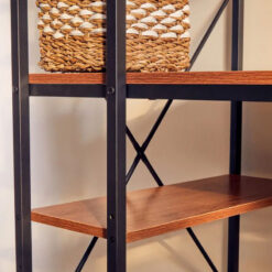 Industrial Black Metal And Red Pomelo Wood Veneer Desk With Shelves