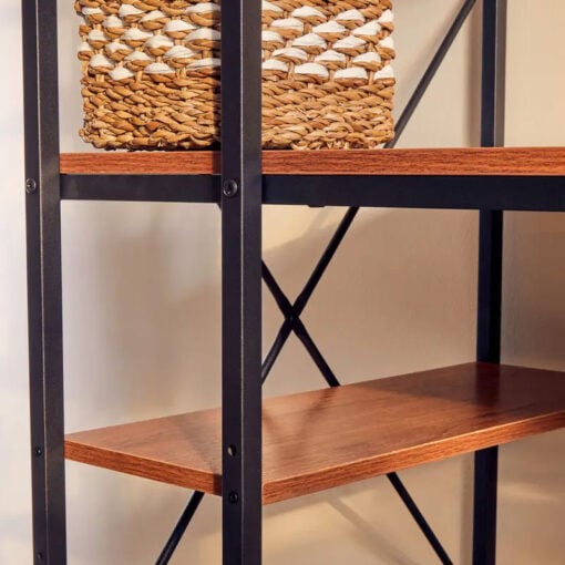 Industrial Black Metal And Red Pomelo Wood Veneer Desk With Shelves