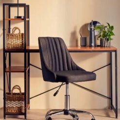 Industrial Black Metal And Red Pomelo Wood Veneer Desk With Shelves