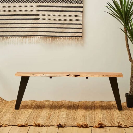 Industrial Black Metal And Solid Acacia Wood Live Edge Dining Hallway Bench 135cm