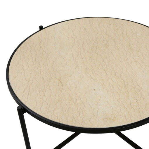 Industrial Black Metal And Travertine Stone Round Coffee Table 80cm