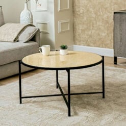 Industrial Black Metal And Travertine Stone Round Coffee Table 80cm