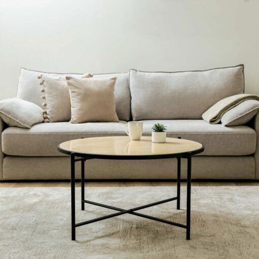 Industrial Black Metal And Travertine Stone Round Coffee Table 80cm