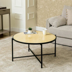 Industrial Black Metal And Travertine Stone Round Coffee Table 80cm