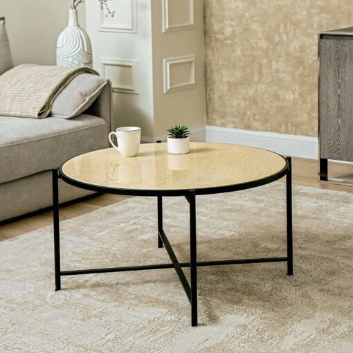Industrial Black Metal And Travertine Stone Round Coffee Table 80cm