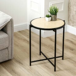 Industrial Black Metal And Travertine Stone Round Side Table End Table 55cm