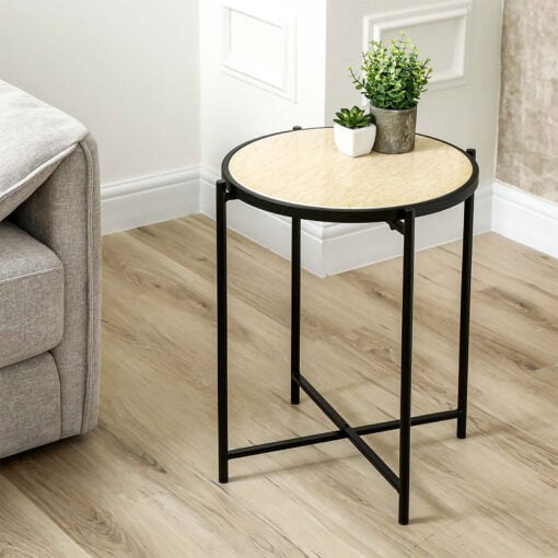 Industrial Black Metal And Travertine Stone Round Side Table End Table 55cm