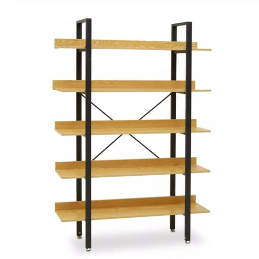 Industrial Black Metal And Yellow Wood 5 Tier Open Freestanding Shelving Unit Bookcase 170cm