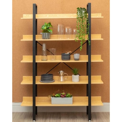 Industrial Black Metal And Yellow Wood 5 Tier Open Freestanding Shelving Unit Bookcase 170cm
