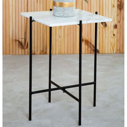 Industrial Black Metal Side Table End Table With White Marble Top