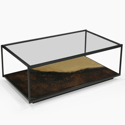 Industrial Galaxy Finish Black And Gold Metal 2 Tier Large Coffee Table With Glass Top 122cm