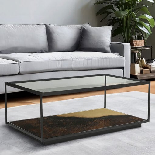 Industrial Galaxy Finish Black And Gold Metal 2 Tier Large Coffee Table With Glass Top 122cm