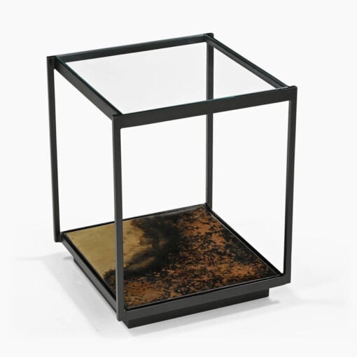 Industrial Galaxy Finish Black And Gold Metal 2 Tier Side Table With Glass Top