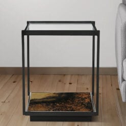 Industrial Galaxy Finish Black And Gold Metal 2 Tier Side Table With Glass Top