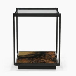 Industrial Galaxy Finish Black And Gold Metal 2 Tier Side Table With Glass Top