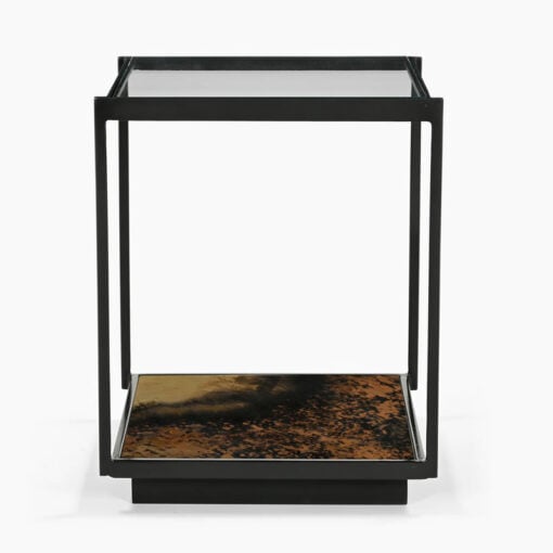 Industrial Galaxy Finish Black And Gold Metal 2 Tier Side Table With Glass Top