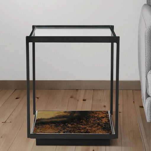 Industrial Galaxy Finish Black And Gold Metal 2 Tier Side Table With Glass Top