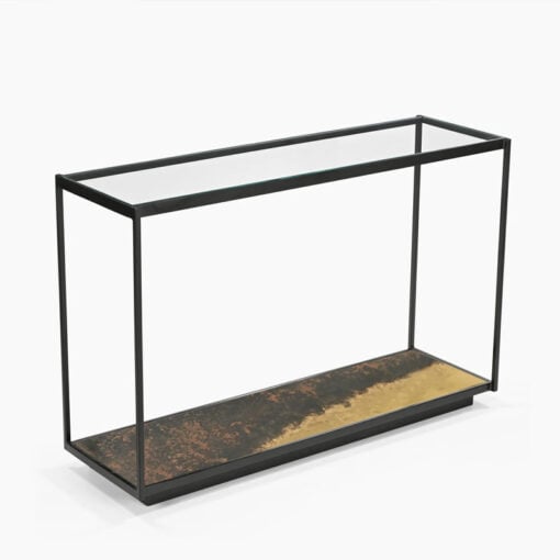 Industrial Galaxy Finish Black And Gold Metal 2 Tier Slim Console Table With Glass Top 120cm
