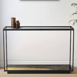 Industrial Galaxy Finish Black And Gold Metal 2 Tier Slim Console Table With Glass Top 120cm