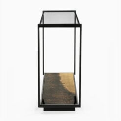 Industrial Galaxy Finish Black And Gold Metal 2 Tier Slim Console Table With Glass Top 120cm