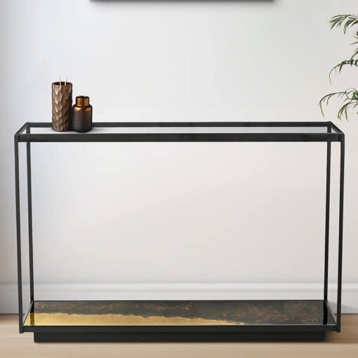 Industrial Galaxy Finish Black And Gold Metal 2 Tier Slim Console Table With Glass Top 120cm