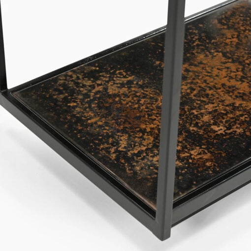 Industrial Galaxy Finish Black And Gold Metal 2 Tier Slim Console Table With Glass Top 120cm