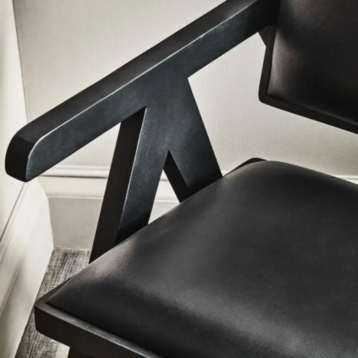 Industrial Genuine Black Leather And Black Solid Wood Armchair Accent Chair