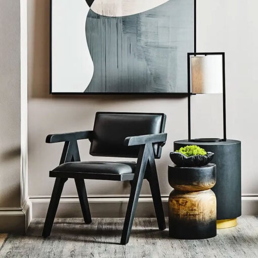 Industrial Genuine Black Leather And Black Solid Wood Armchair Accent Chair