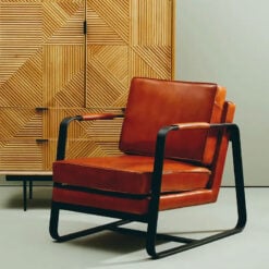 Industrial Genuine Tan Brown Leather And Black Metal Armchair Accent Chair