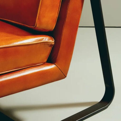 Industrial Genuine Tan Brown Leather And Black Metal Armchair Accent Chair