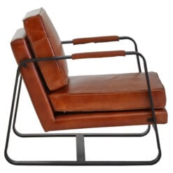 Industrial Genuine Tan Brown Leather And Black Metal Armchair Accent Chair