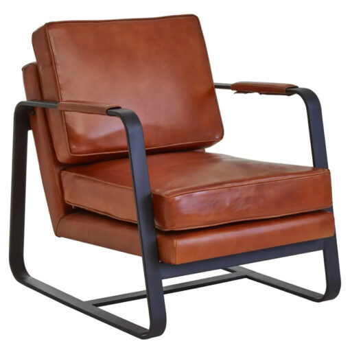 Industrial Genuine Tan Brown Leather And Black Metal Armchair Accent Chair