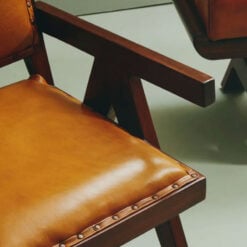 Industrial Genuine Tan Brown Leather Armchair With Solid Brown Teak Wood Angular Legs