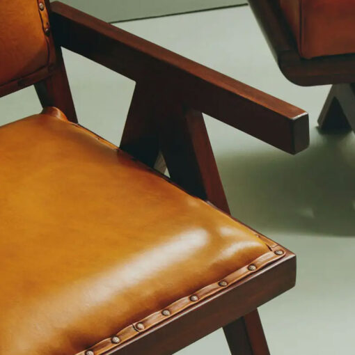 Industrial Genuine Tan Brown Leather Armchair With Solid Brown Teak Wood Angular Legs