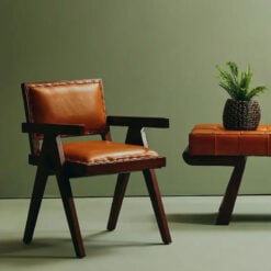Industrial Genuine Tan Brown Leather Armchair With Solid Brown Teak Wood Angular Legs